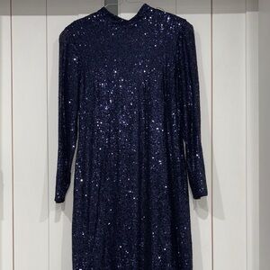 Midnight Blue Sequin Long Sleeve Dress